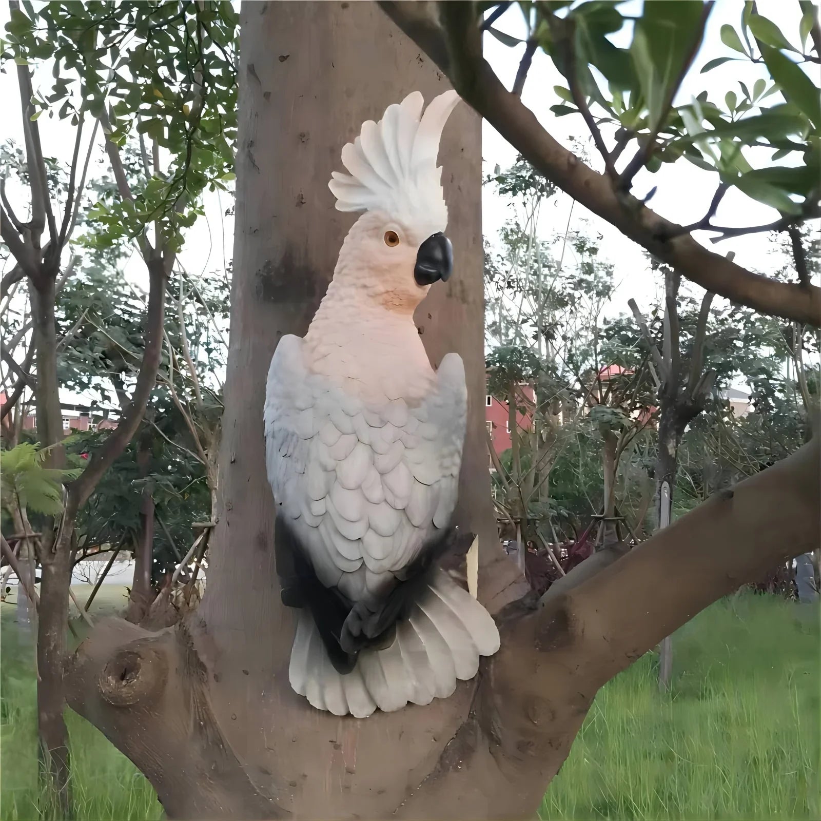 [Lifelike Resin Parrot] Classic White and Pink Resin Parrot Sculpture - Lifelike Outdoor Garden Tree Hanging Decoration, No Electricity Needed, Perfect for Thanksgiving Decor, Bird Decor