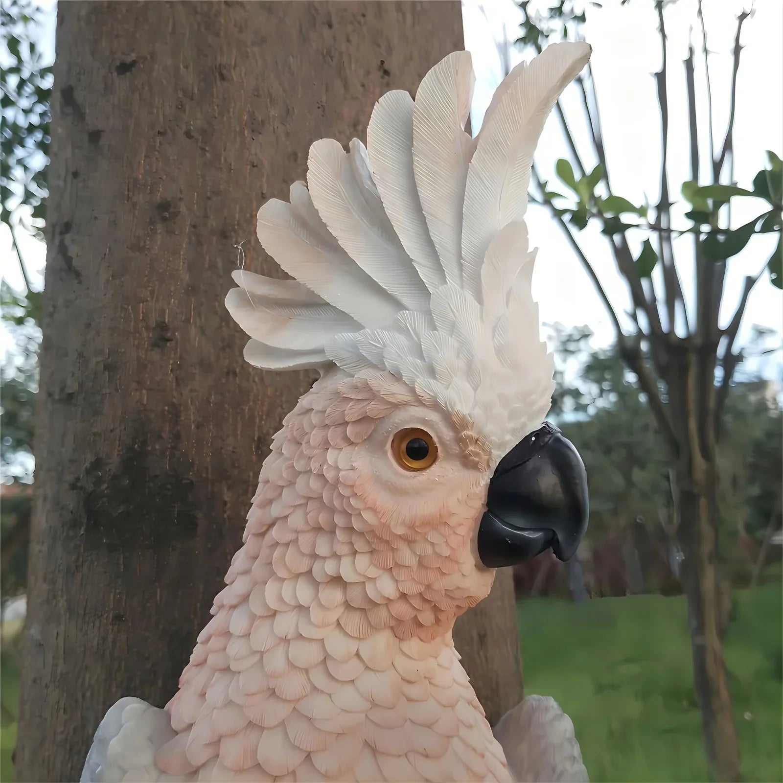 [Lifelike Resin Parrot] Classic White and Pink Resin Parrot Sculpture - Lifelike Outdoor Garden Tree Hanging Decoration, No Electricity Needed, Perfect for Thanksgiving Decor, Bird Decor