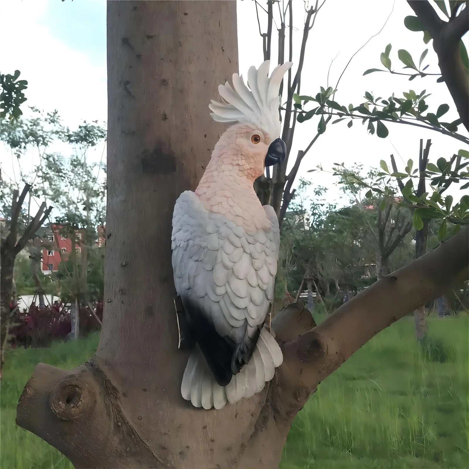[Lifelike Resin Parrot] Classic White and Pink Resin Parrot Sculpture - Lifelike Outdoor Garden Tree Hanging Decoration, No Electricity Needed, Perfect for Thanksgiving Decor, Bird Decor