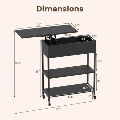 Lift Top End Table with Charging Station and Universal Wheels-Black