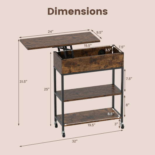 Lift Top End Table with Charging Station and Universal Wheels-Rustic Brown
