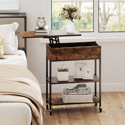 Lift Top End Table with Charging Station and Universal Wheels-Rustic Brown