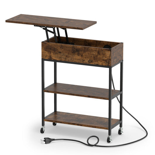 Lift Top End Table with Charging Station and Universal Wheels-Rustic Brown