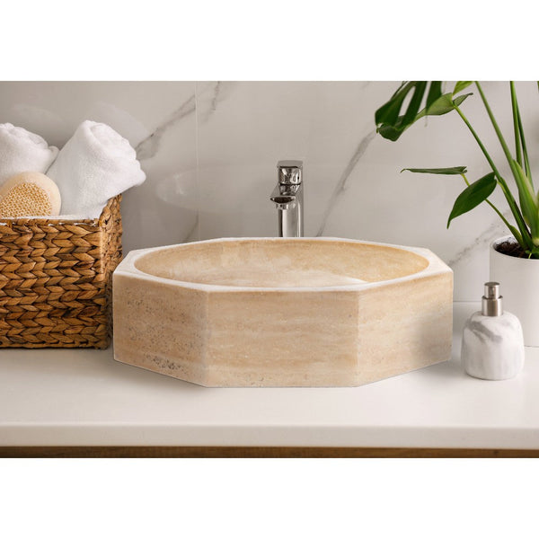 Light Beige Travertine Octagon Vessel Sink Bowl Polished (D)16