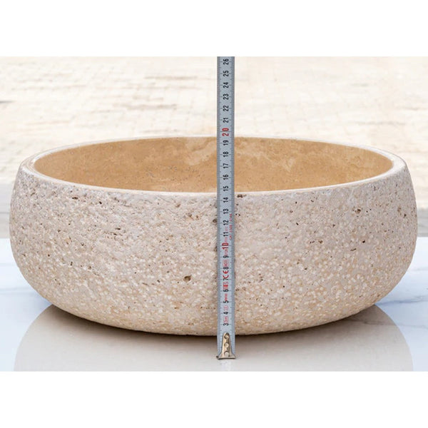Light Beige Travertine Vessel Bathroom Sink Polished Inside and Sandblasted Outside  (D)16
