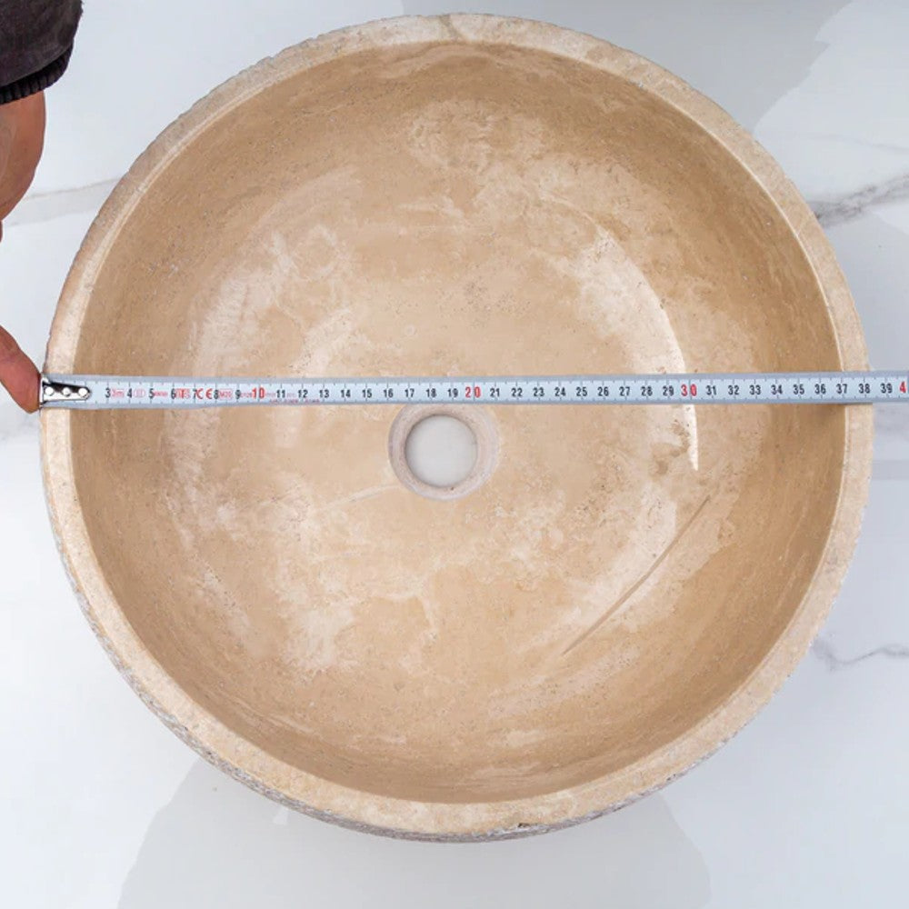 Light Beige Travertine Vessel Bathroom Sink Polished Inside and Sandblasted Outside  (D)16