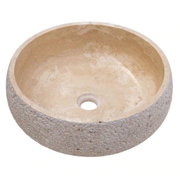 Light Beige Travertine Vessel Bathroom Sink Polished Inside and Sandblasted Outside  (D)16