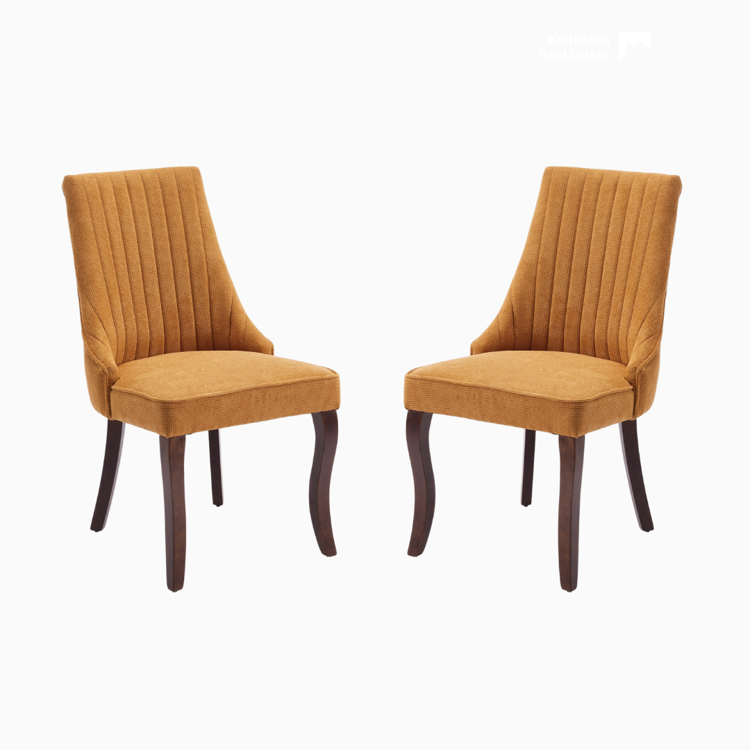 Set of 2 Rayon Cloth Flocking Linen Dining Chairs with curved wooden legs and vertical channel tufting in mustard yellow upholstery.