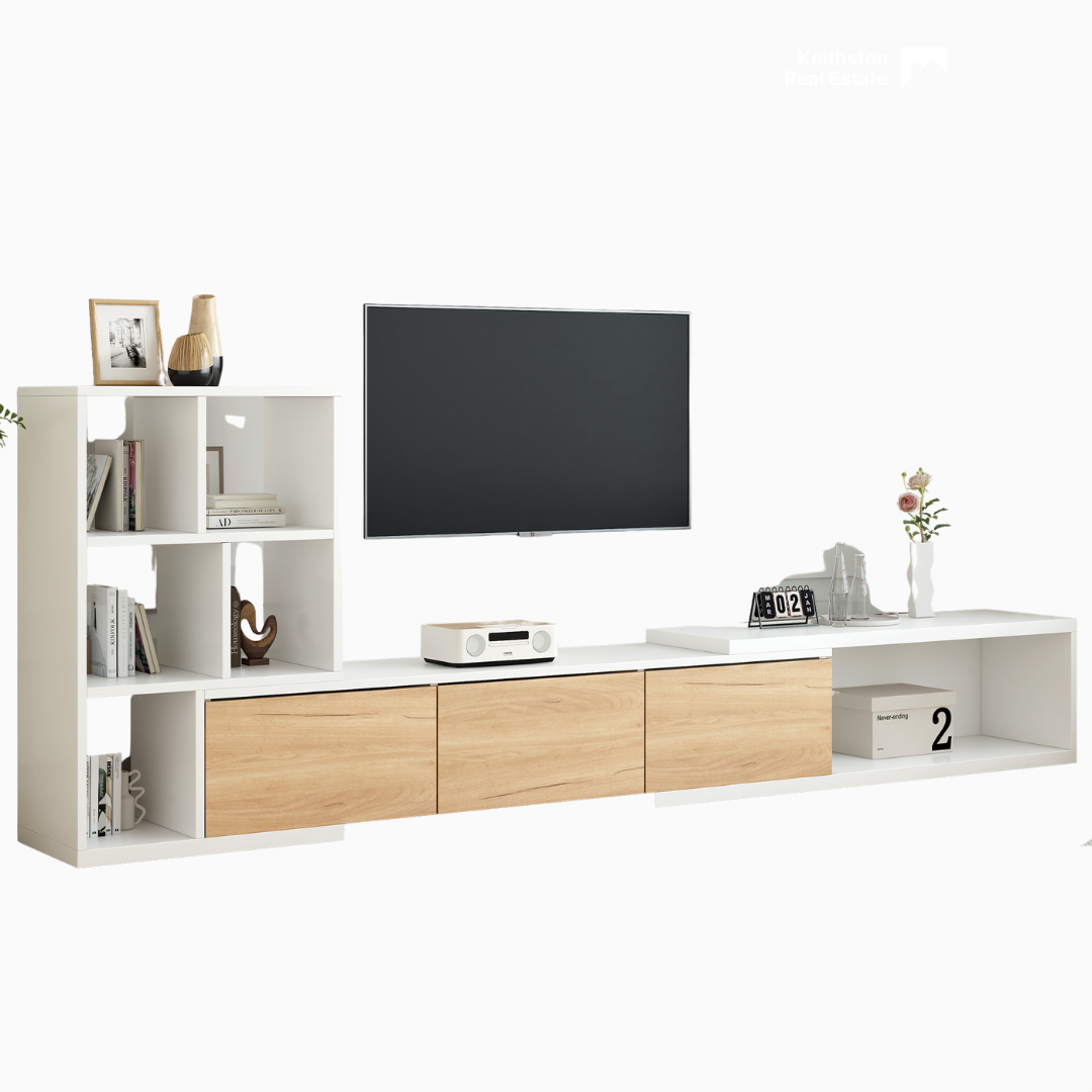 Extendable TV Stand with 3 Tier Bookshelves in white and oak finish, featuring adjustable length and modern design for living room storage.