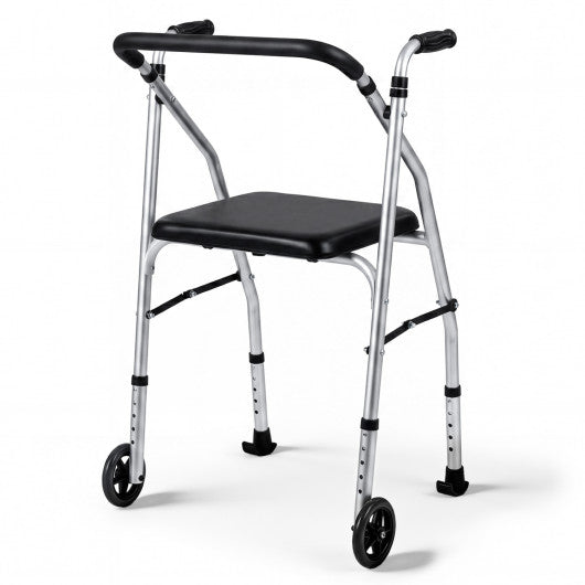 Lightweight Aluminum Mobility Walker for Seniors with 2 Wheels 5-Level Adjustable Height and Padded Seat-Sliver