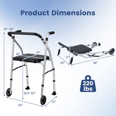 Lightweight Aluminum Mobility Walker for Seniors with 2 Wheels 5-Level Adjustable Height and Padded Seat-Sliver