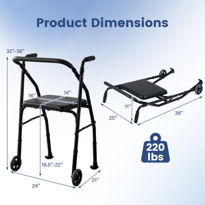 Lightweight Aluminum Mobility Walker for Seniors with 2 Wheels 5-Level Adjustable Height and Padded Seat-Black