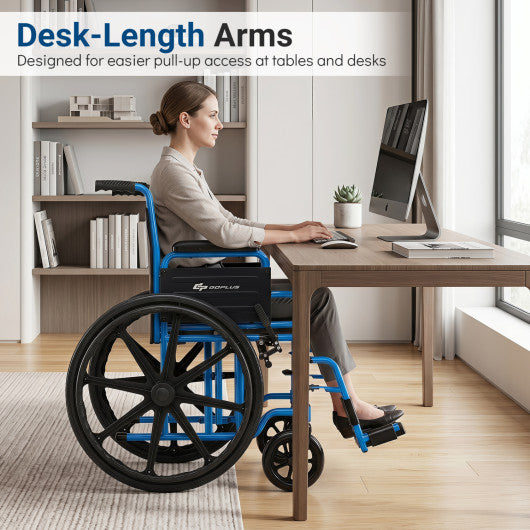 Lightweight Folding Wheelchair for Adults with Swing-Away Footrest and Desk Arm-Navy