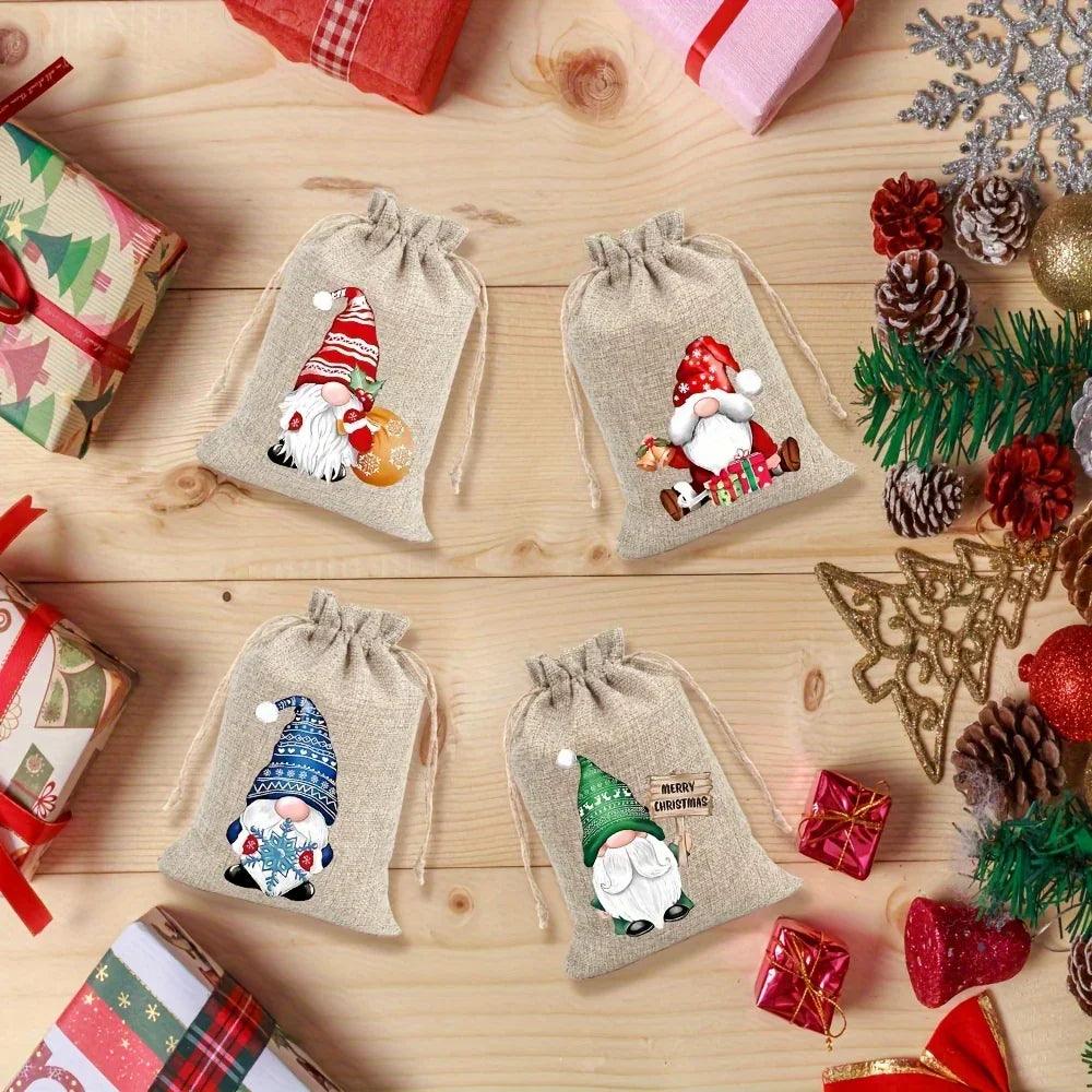 Linen Christmas Gift Bag Set, Santa Claus Drawstring Bags