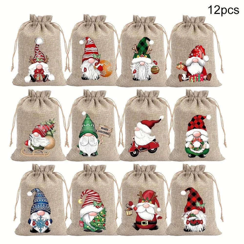 Linen Christmas Gift Bag Set, Santa Claus Drawstring Bags