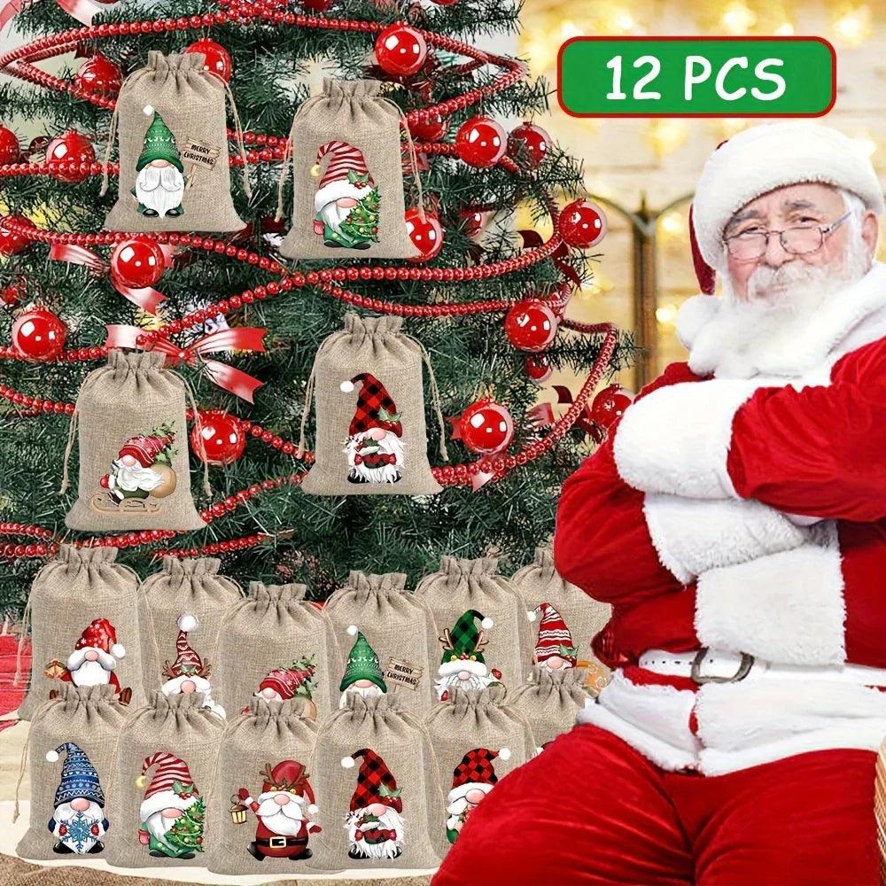 Linen Christmas Gift Bag Set, Santa Claus Drawstring Bags