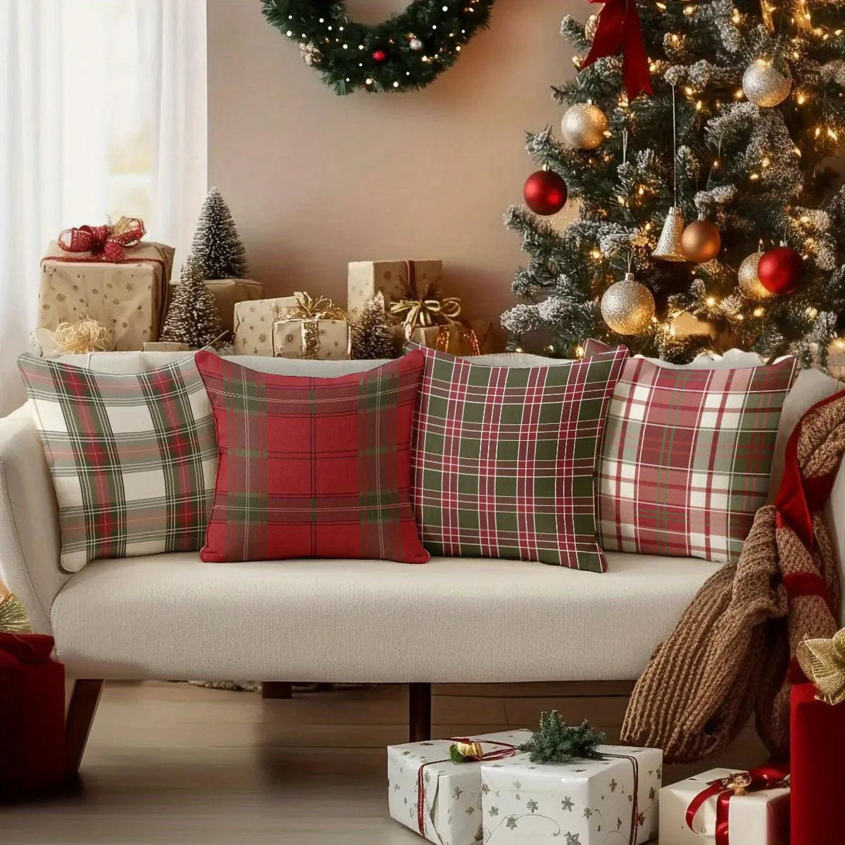 Linen Christmas Pillow Covers, Red Plaid Pattern, 18