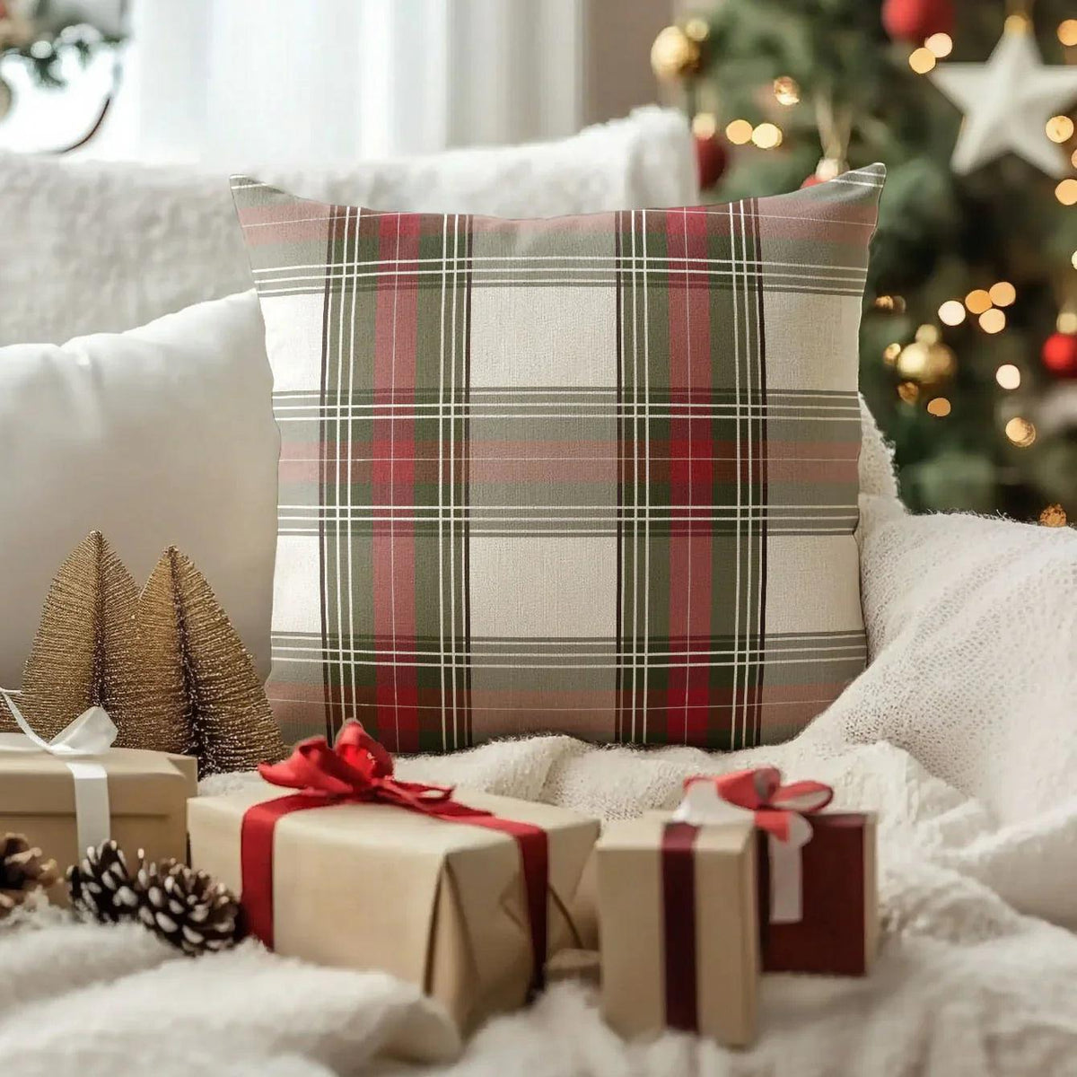 Linen Christmas Pillow Covers, Red Plaid Pattern, 18