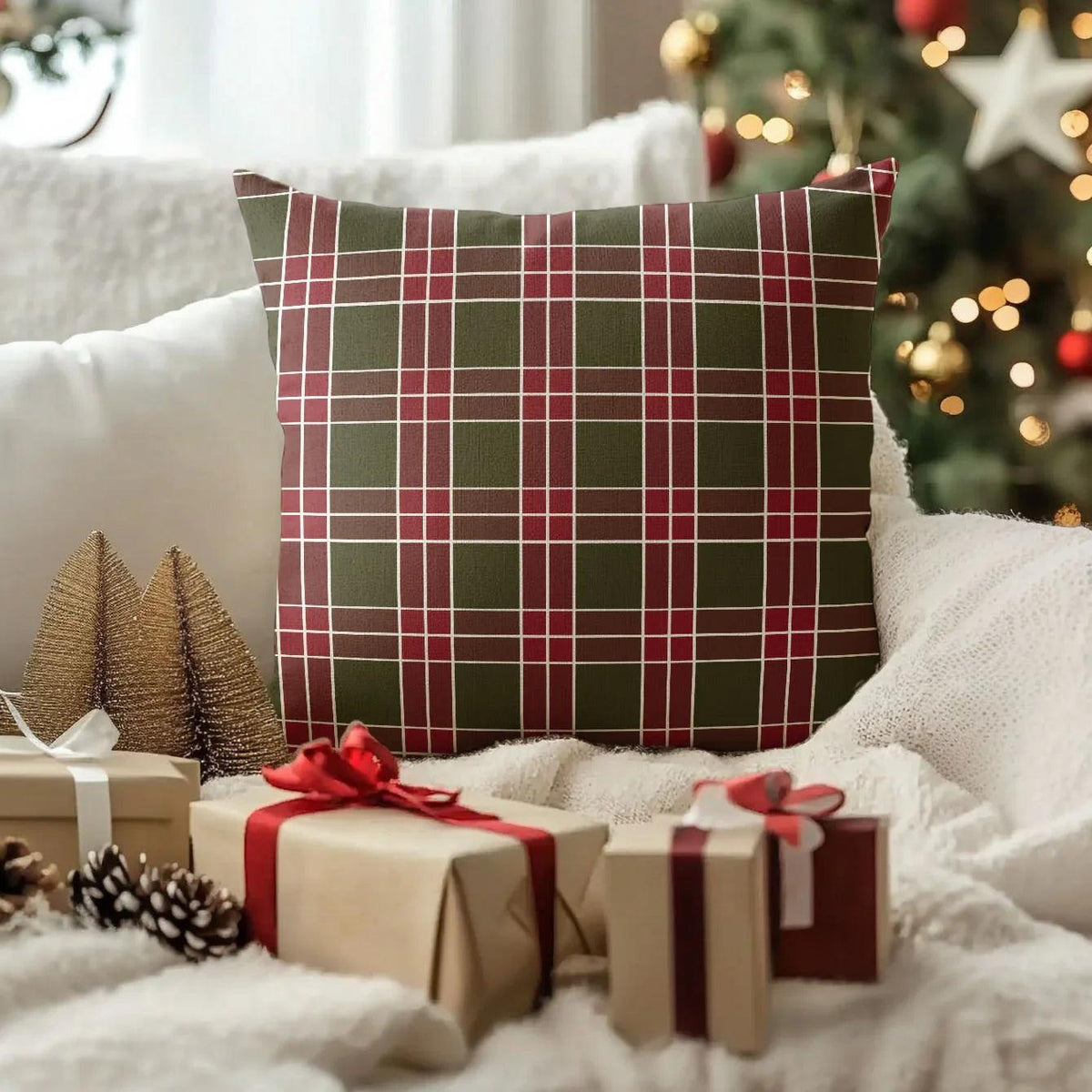 Linen Christmas Pillow Covers, Red Plaid Pattern, 18