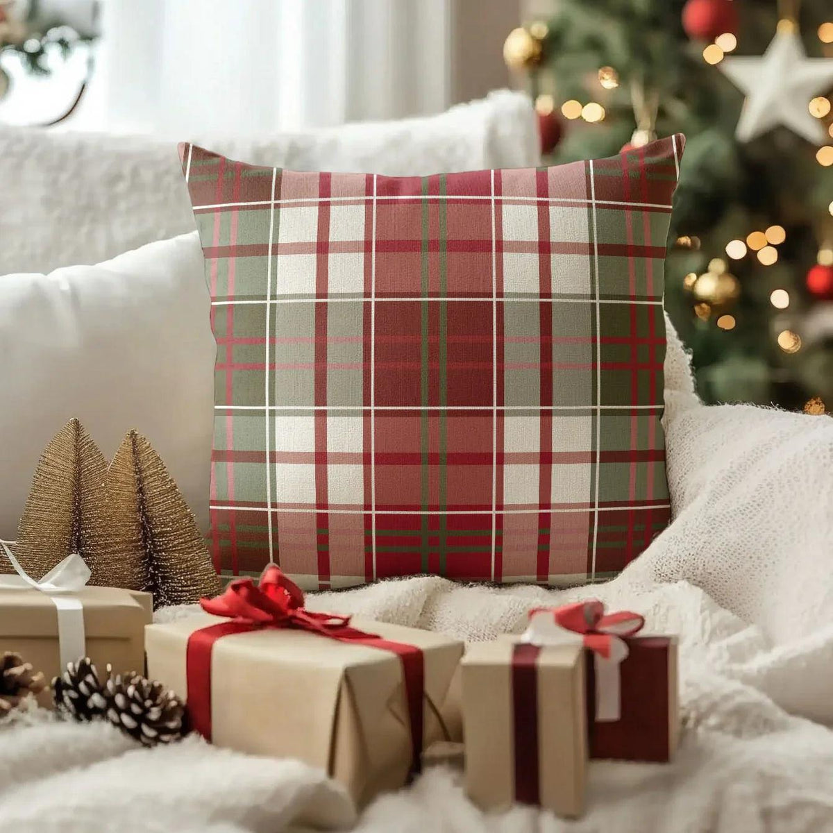 Linen Christmas Pillow Covers, Red Plaid Pattern, 18
