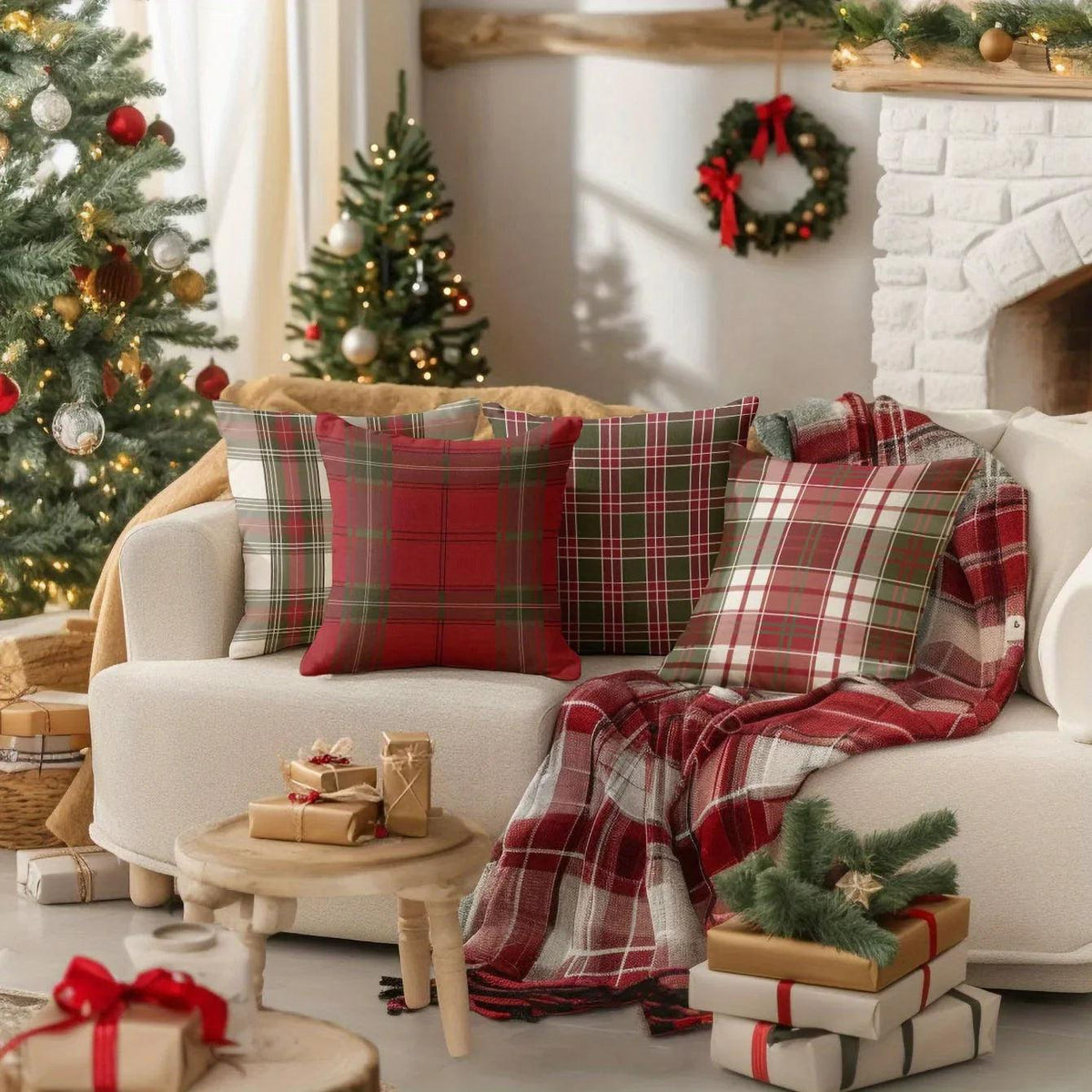 Linen Christmas Pillow Covers, Red Plaid Pattern, 18