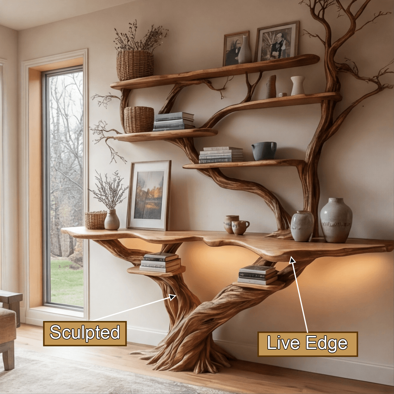 Liorath Live Edge Solid Wood Console Table with Shelves