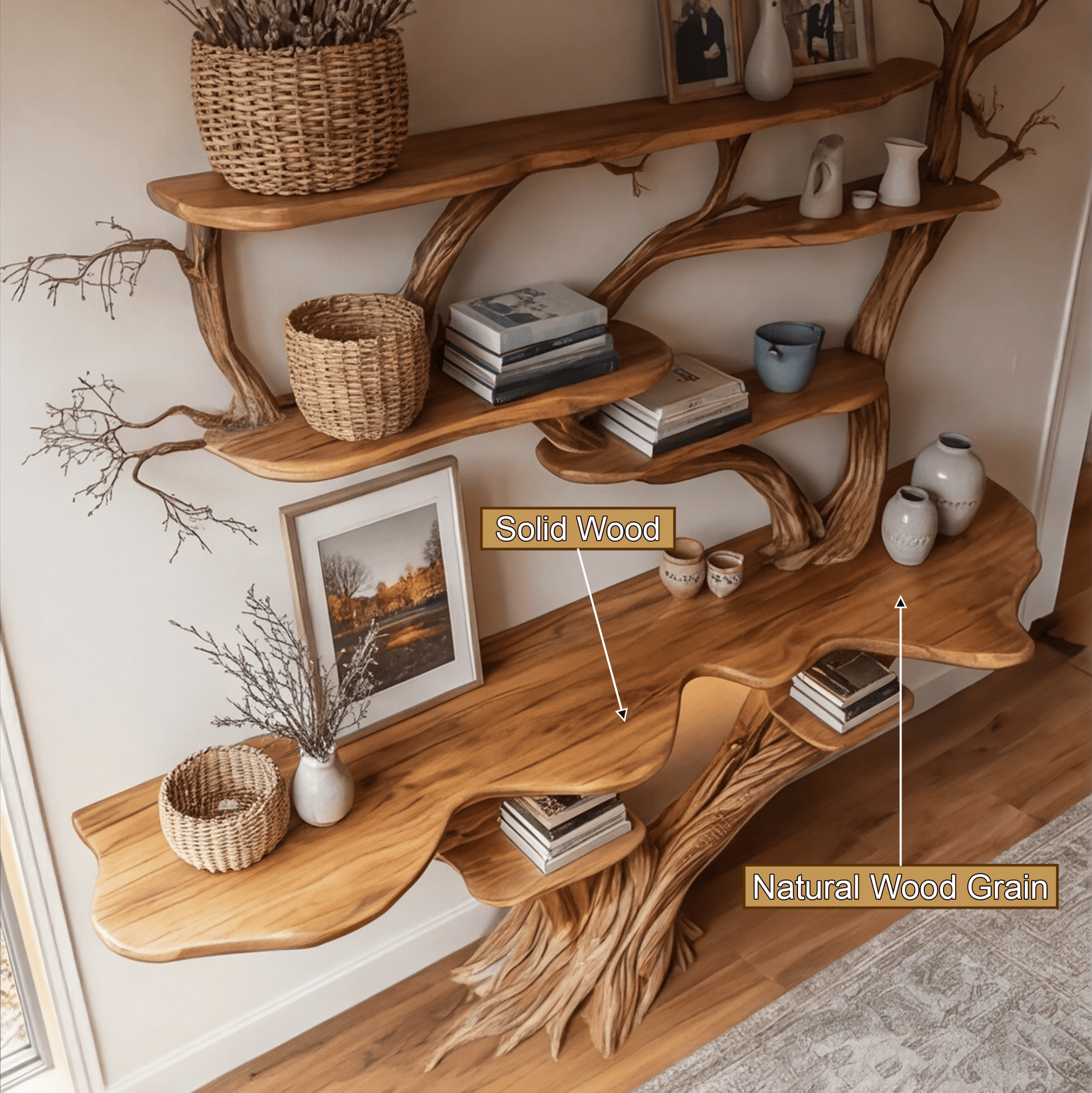 Liorath Live Edge Solid Wood Console Table with Shelves