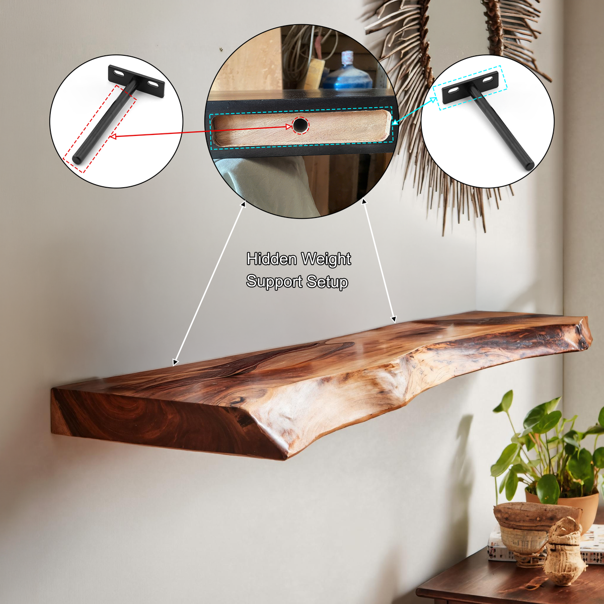 Live Edge Rustic Solid Wood Floating Shelf