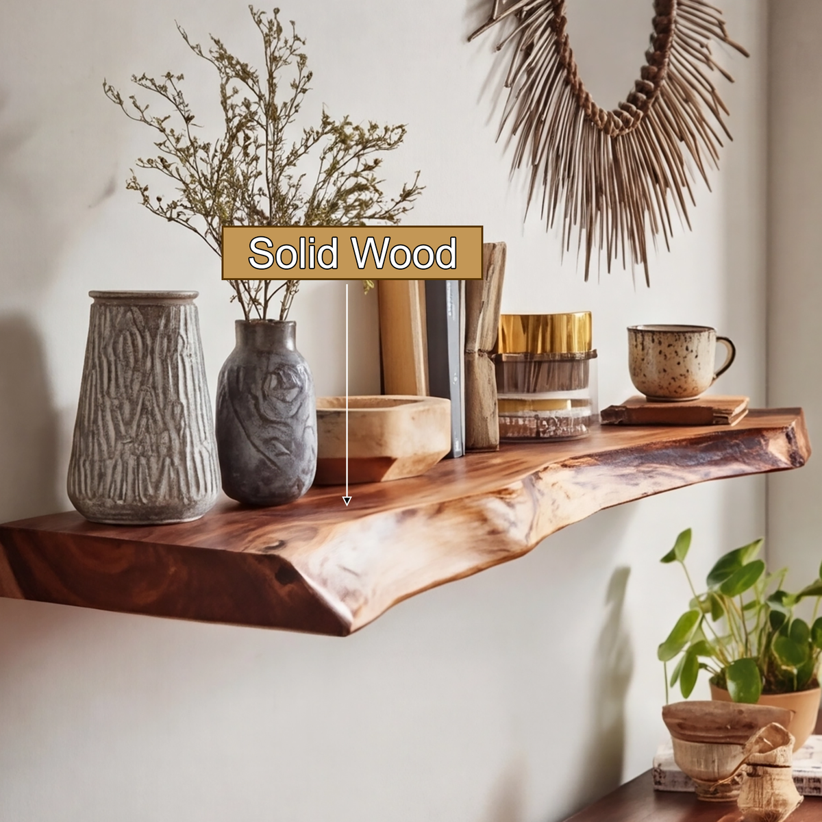 Live Edge Rustic Solid Wood Floating Shelf