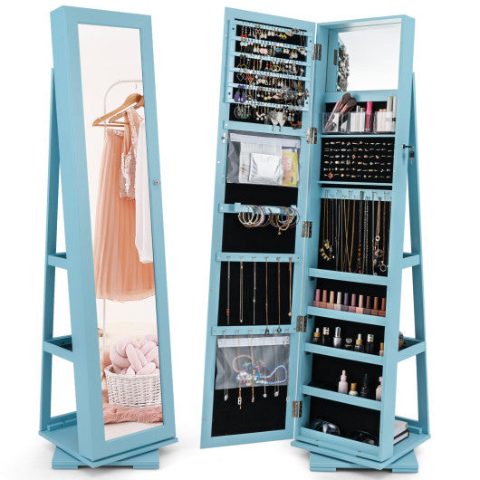 360° Rotatable 2-in-1 Lockable Jewelry Cabinet with Full-Length Mirror-Blue