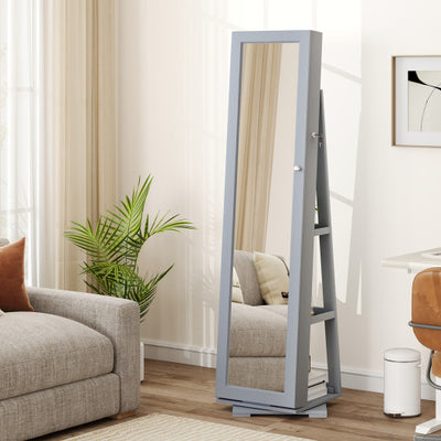 360° Rotatable 2-in-1 Lockable Jewelry Cabinet with Full-Length Mirror-Gray