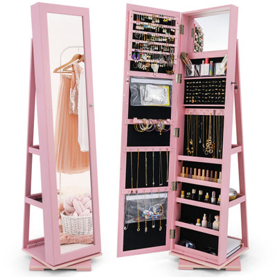 360° Rotatable 2-in-1 Lockable Jewelry Cabinet with Full-Length Mirror-Pink