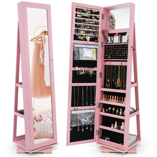 360° Rotatable 2-in-1 Lockable Jewelry Cabinet with Full-Length Mirror-Pink