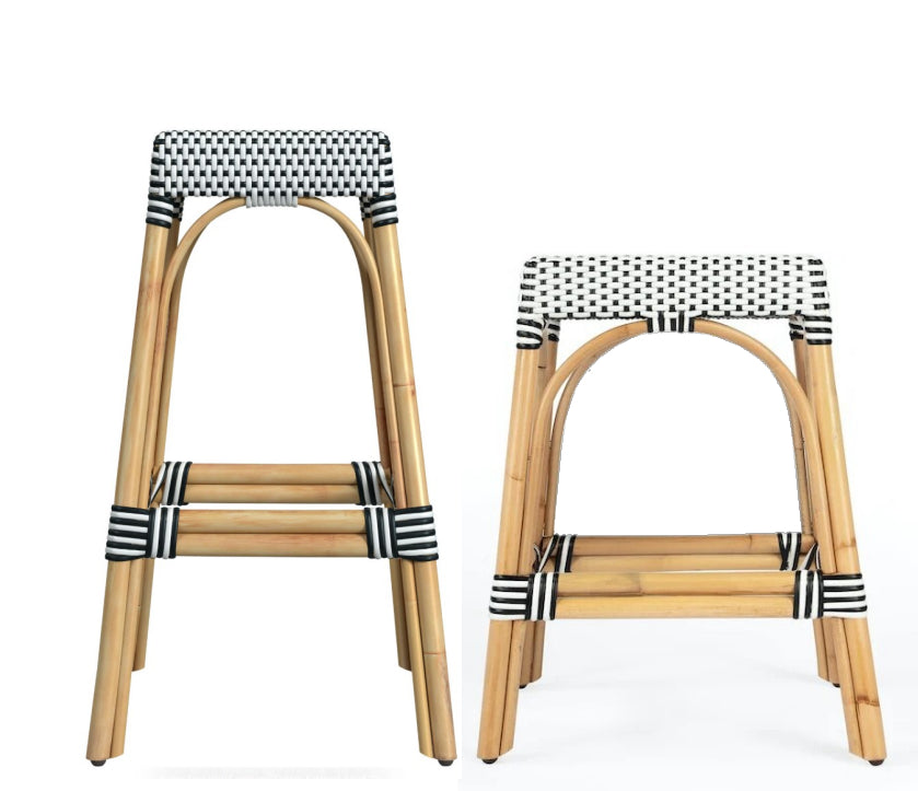 Robias Rectangular Rattan Stool in White and Black Dot