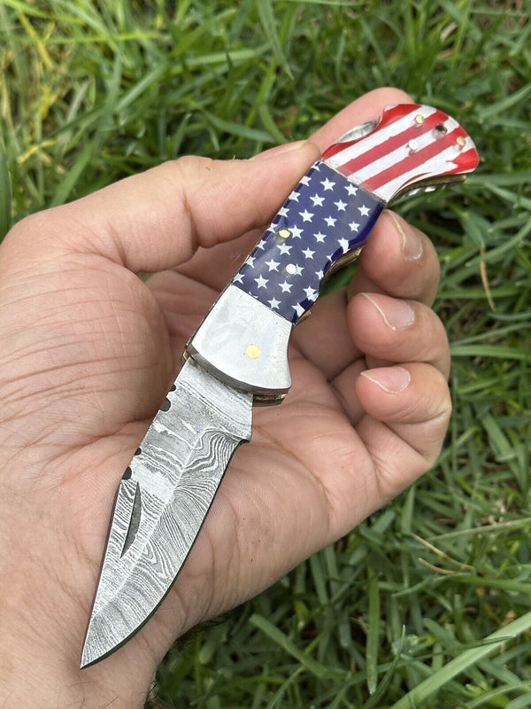 Lone Star 3-Inch Damascus Pocket Knife – Custom Handmade with Bone Handle