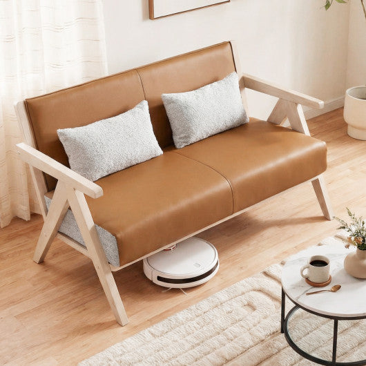 Loveseat Sofa for Small Spaces with Throw Pillows Rubber Wood Frame Padded Seat-Brown