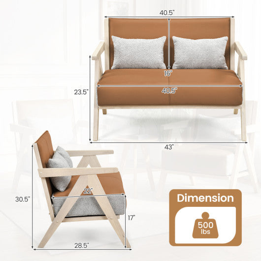 Loveseat Sofa for Small Spaces with Throw Pillows Rubber Wood Frame Padded Seat-Brown