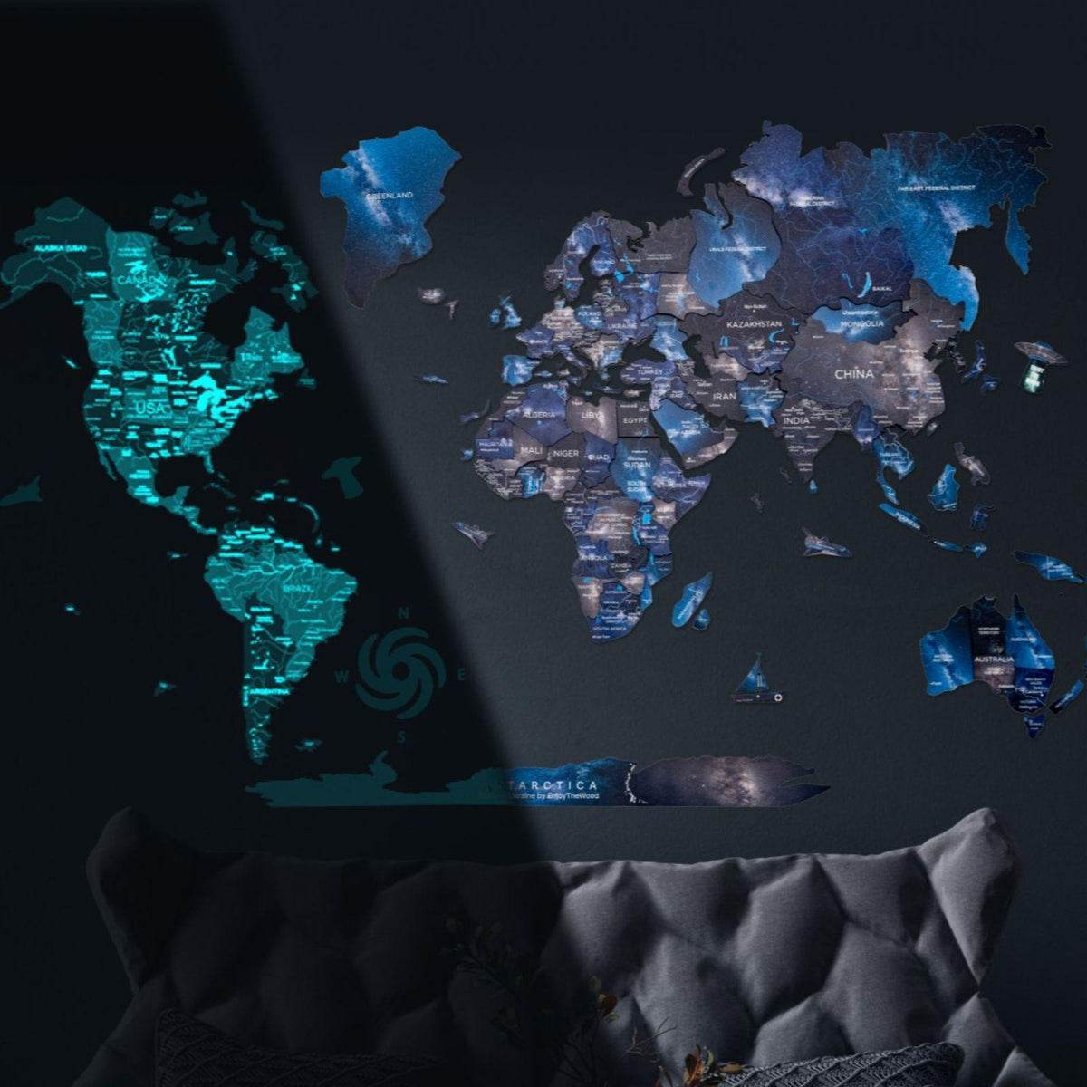 3D Luminous Colored Wooden World Map Space
