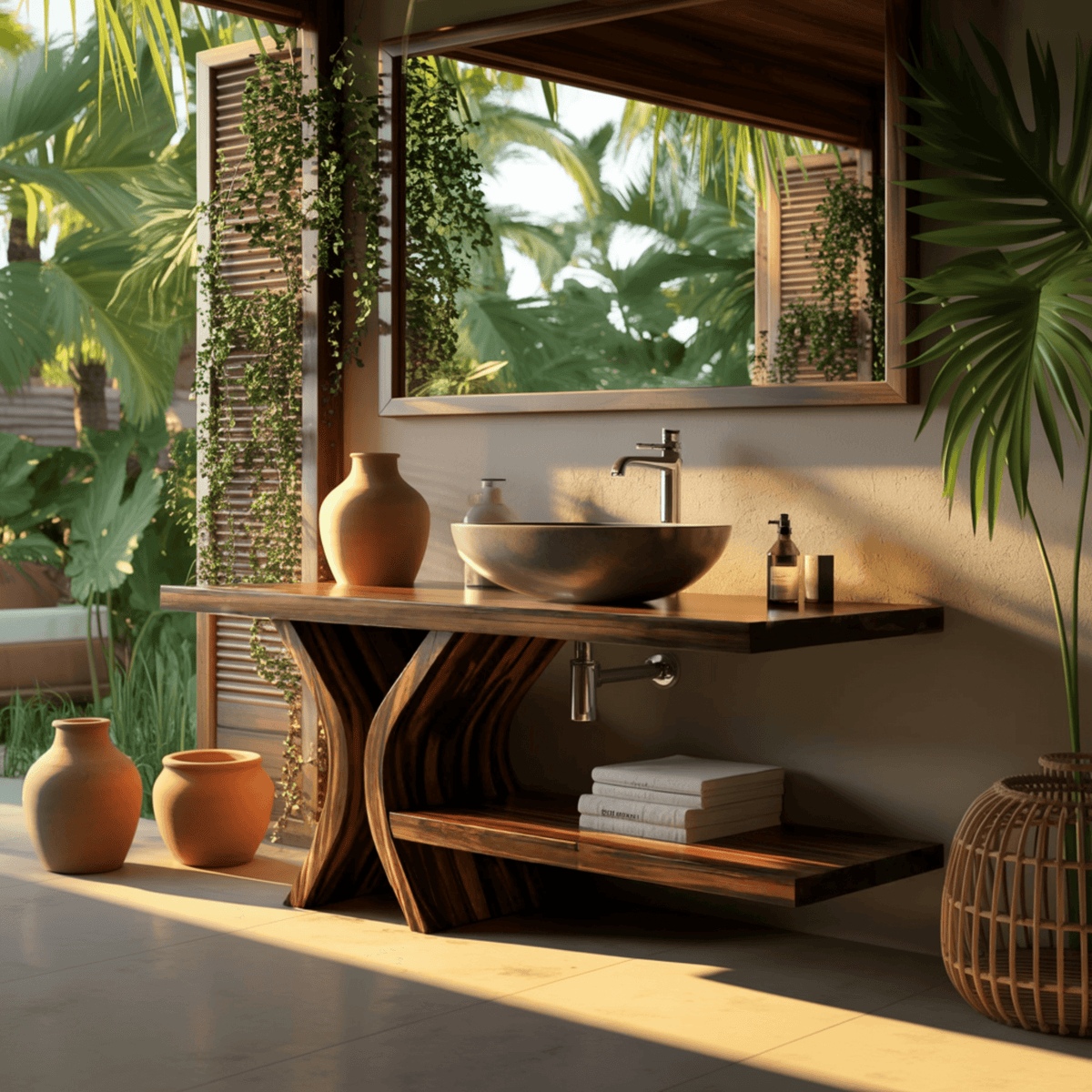 Lunara Flowform Solid Wood Freestanding Bathroom Vanity with Shelves