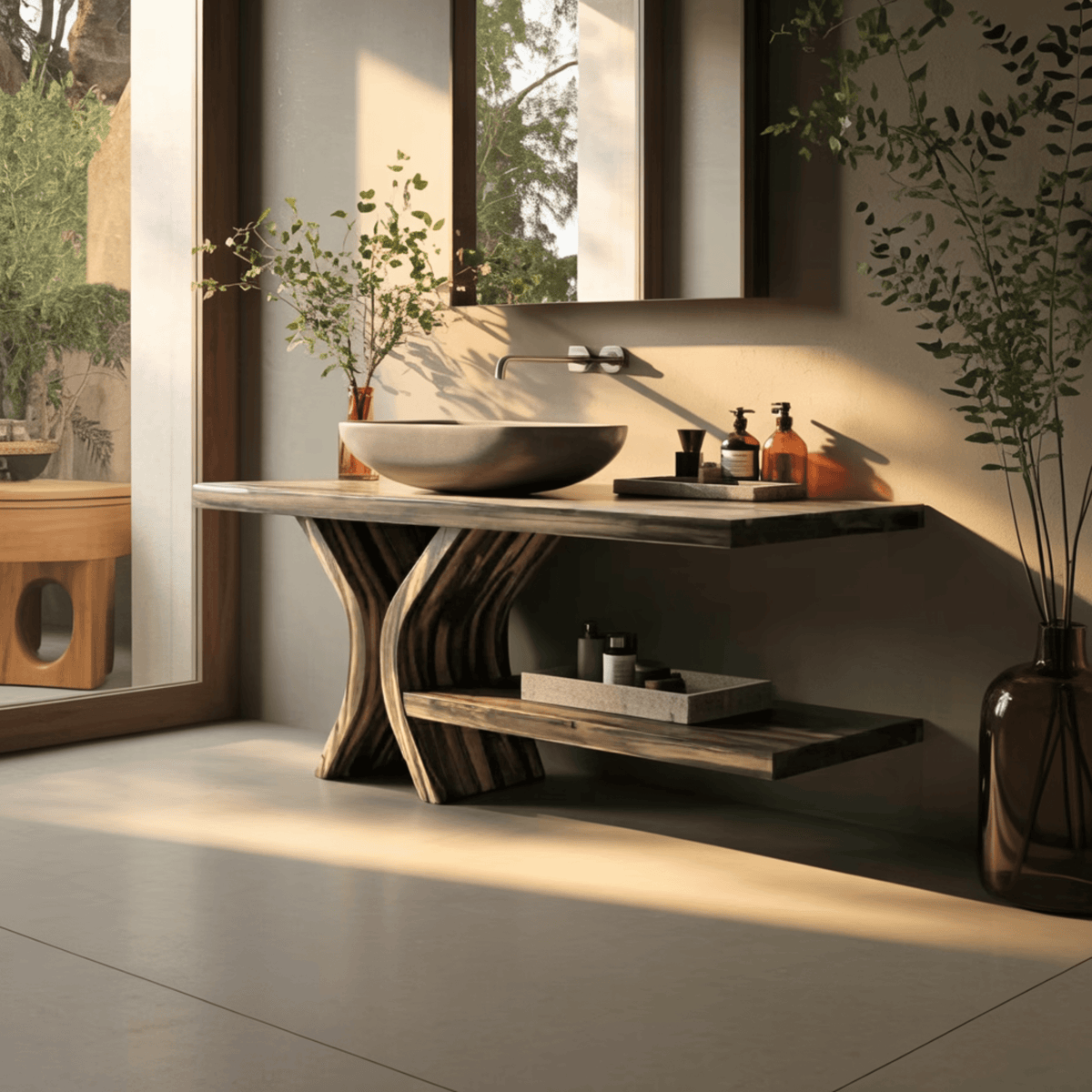 Lunara Flowform Solid Wood Freestanding Bathroom Vanity with Shelves