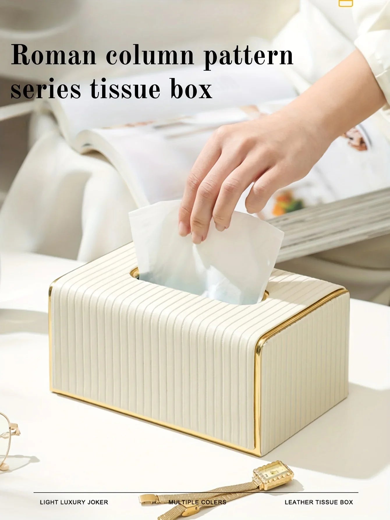 [Luxury Tissue Box Cover] Premium Faux Leather 1-Pack Striped Tissue Box Cover | Dual-Purpose for Dining Table & Home Decor, Golden Accents, Holds Standard Tissues, Modern Luxury Design for Living Room, Office, Hotel