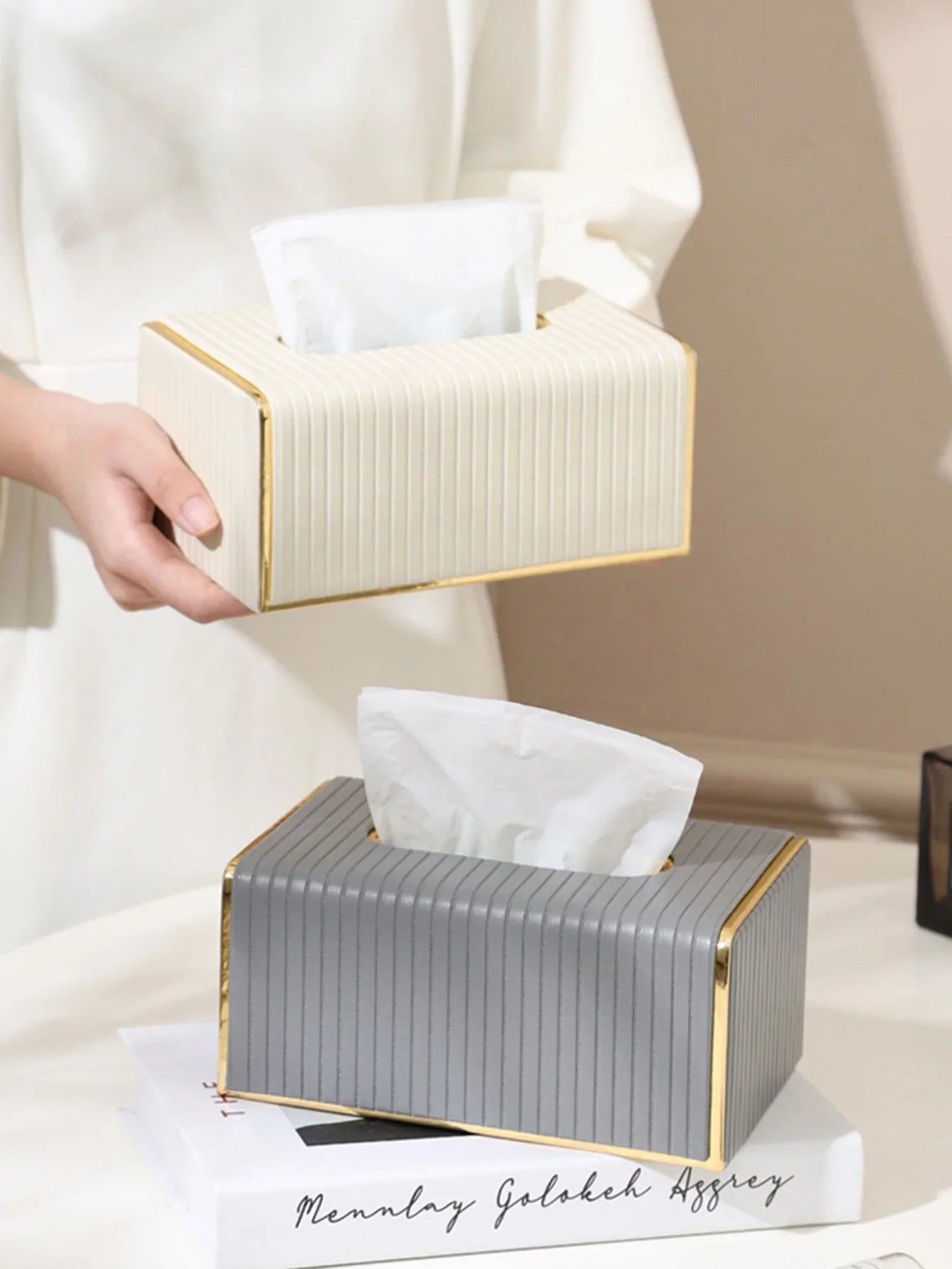 [Luxury Tissue Box Cover] Premium Faux Leather 1-Pack Striped Tissue Box Cover | Dual-Purpose for Dining Table & Home Decor, Golden Accents, Holds Standard Tissues, Modern Luxury Design for Living Room, Office, Hotel