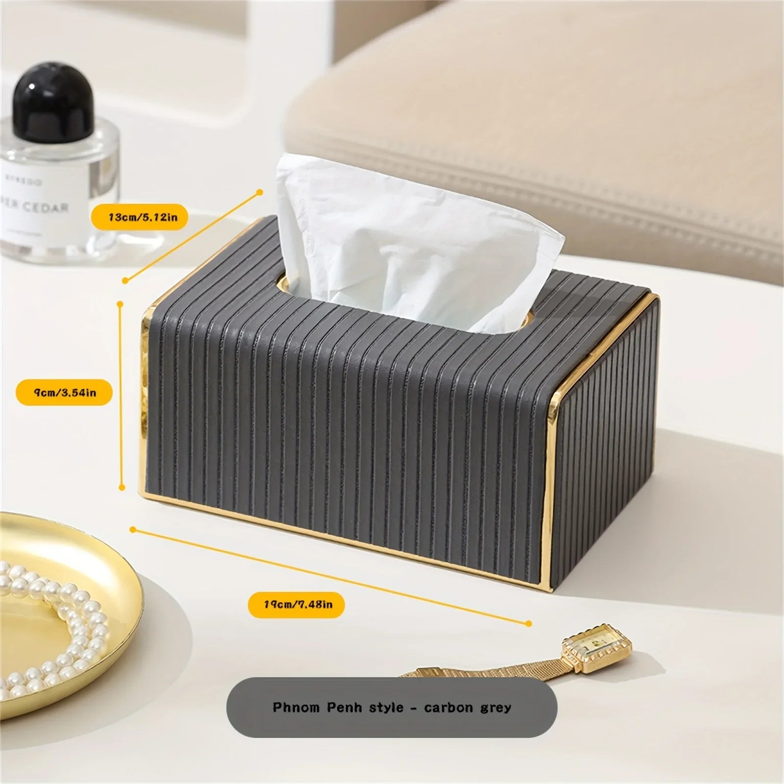 [Luxury Tissue Box Cover] Premium Faux Leather 1-Pack Striped Tissue Box Cover | Dual-Purpose for Dining Table & Home Decor, Golden Accents, Holds Standard Tissues, Modern Luxury Design for Living Room, Office, Hotel