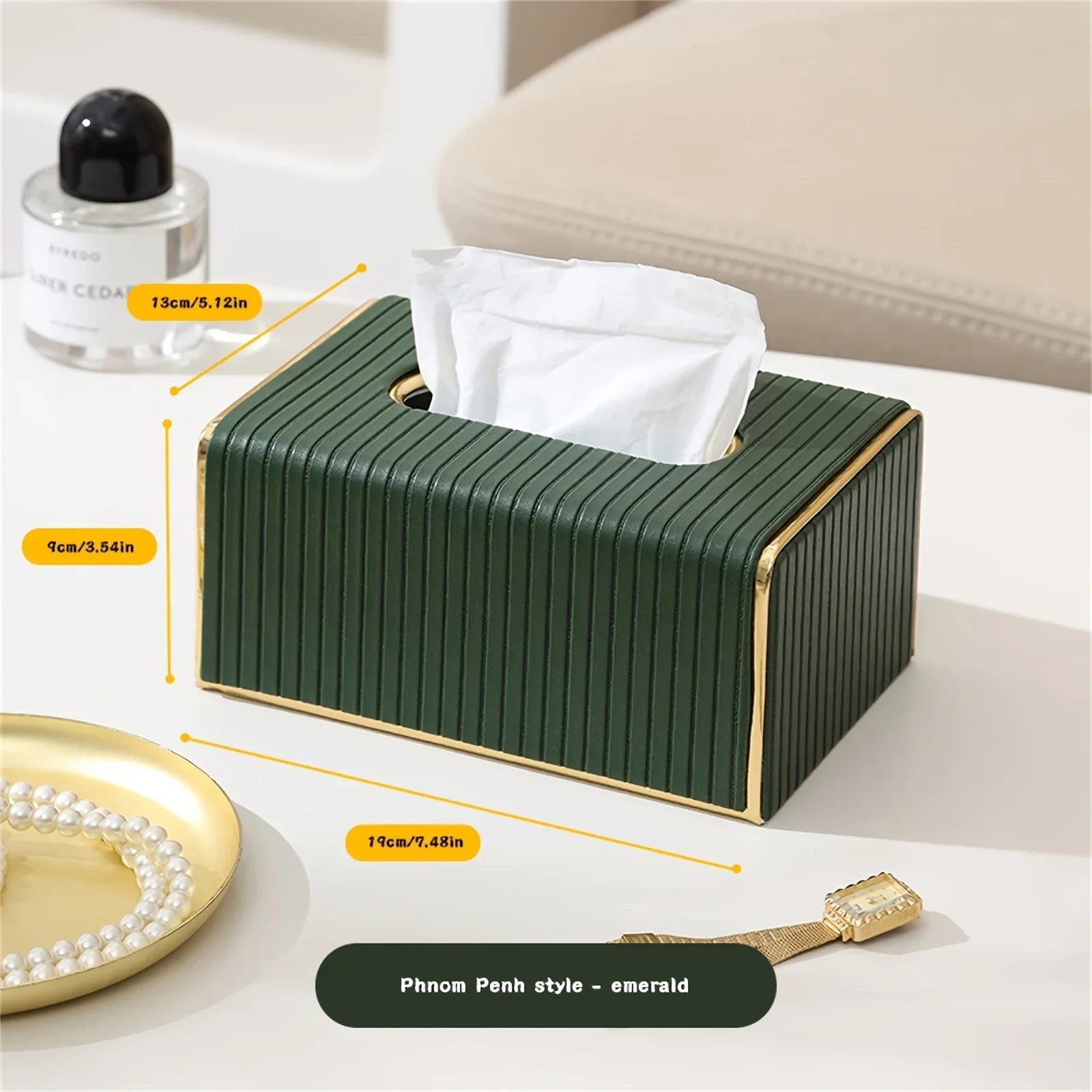 [Luxury Tissue Box Cover] Premium Faux Leather 1-Pack Striped Tissue Box Cover | Dual-Purpose for Dining Table & Home Decor, Golden Accents, Holds Standard Tissues, Modern Luxury Design for Living Room, Office, Hotel