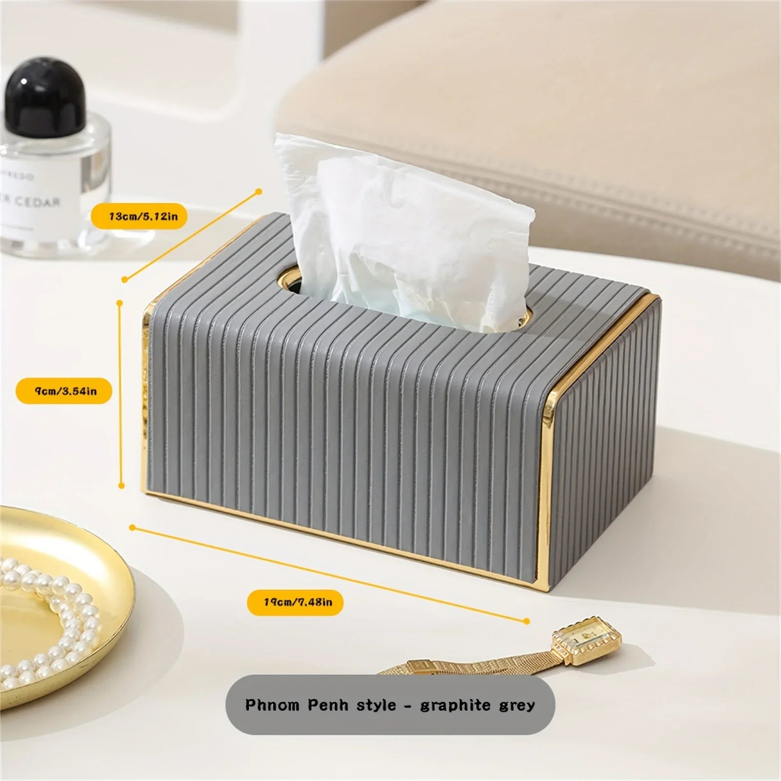 [Luxury Tissue Box Cover] Premium Faux Leather 1-Pack Striped Tissue Box Cover | Dual-Purpose for Dining Table & Home Decor, Golden Accents, Holds Standard Tissues, Modern Luxury Design for Living Room, Office, Hotel
