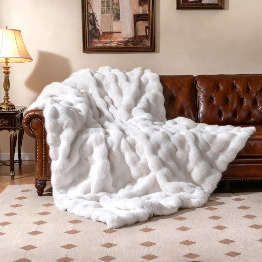 Luxury Fuzzy Plush Rabbit Fur Bubble Blanket for Armchair-White