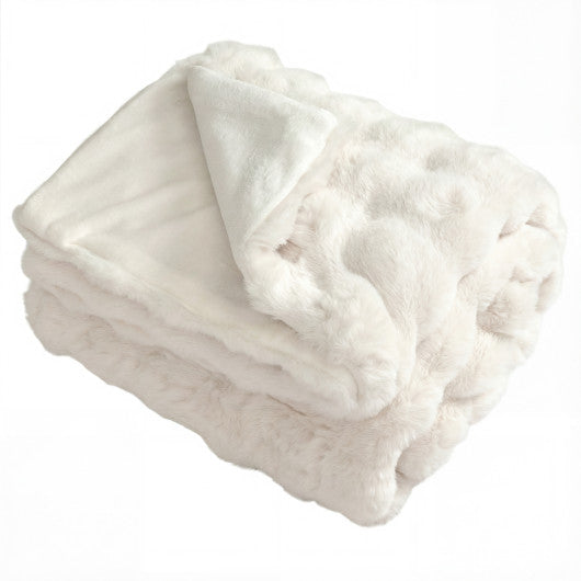 Luxury Fuzzy Plush Rabbit Fur Bubble Blanket for Armchair-White