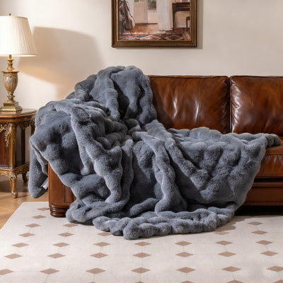 Luxury Fuzzy Plush Rabbit Fur Bubble Blanket for Armchair-Gray
