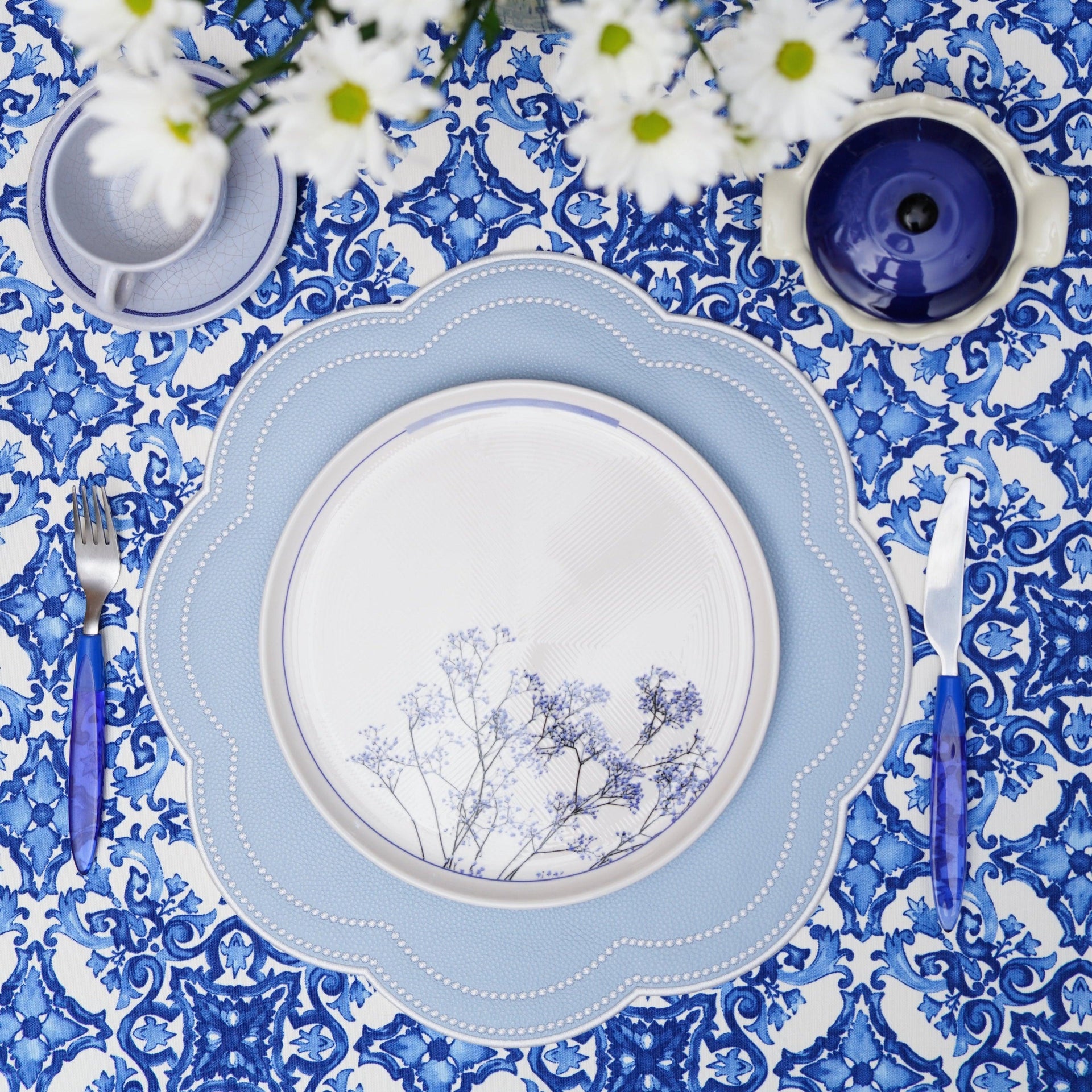 SPRING TABLE DECOR – NURTURE SKY BLUE FAUX LEATHER SCALLOPED PLACEMAT
