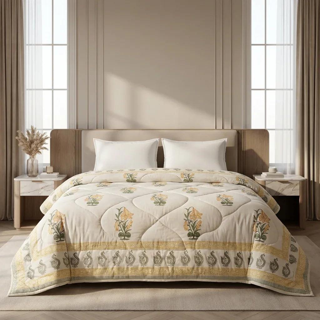Cream & Golden Yellow Floral Jaipur Indian Hand Block Print Quilted Comforter